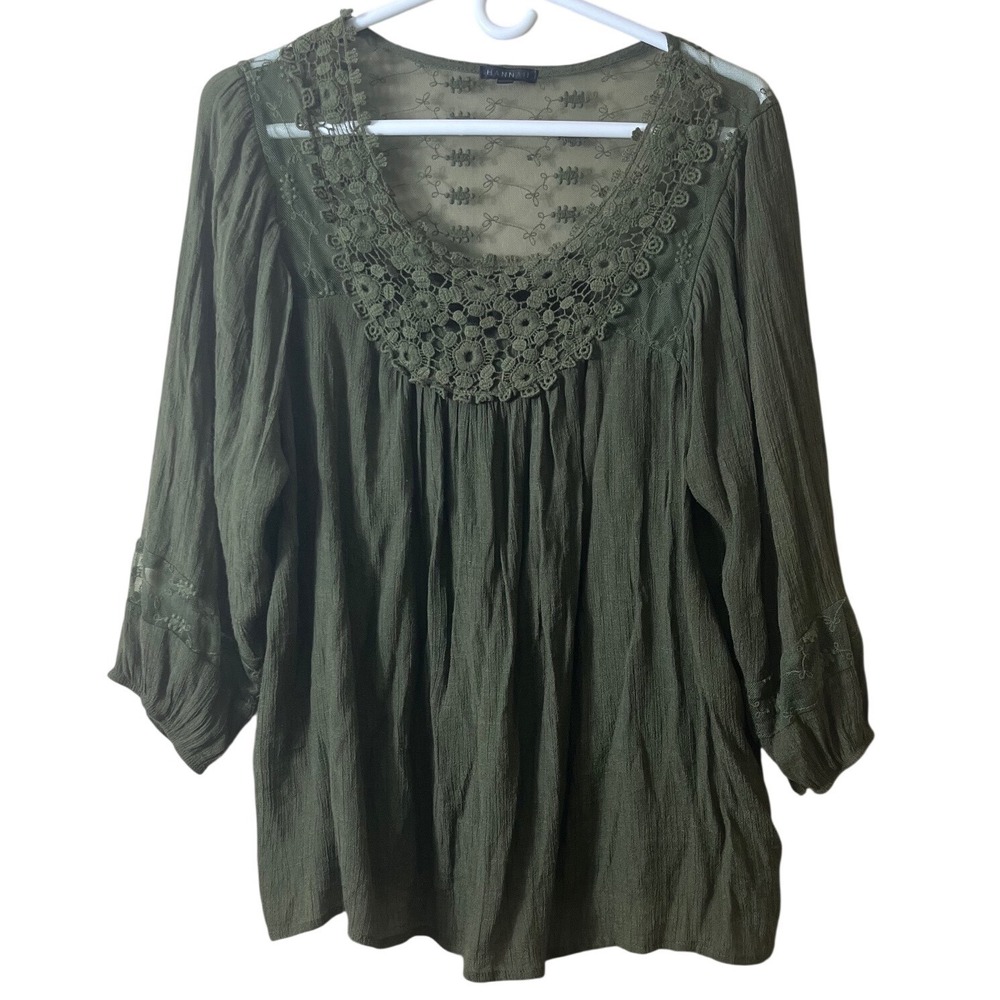 Hannah Olive Green Lace Mesh Boho Peasant Blouse Top Size L Cottagecore Gorpcore